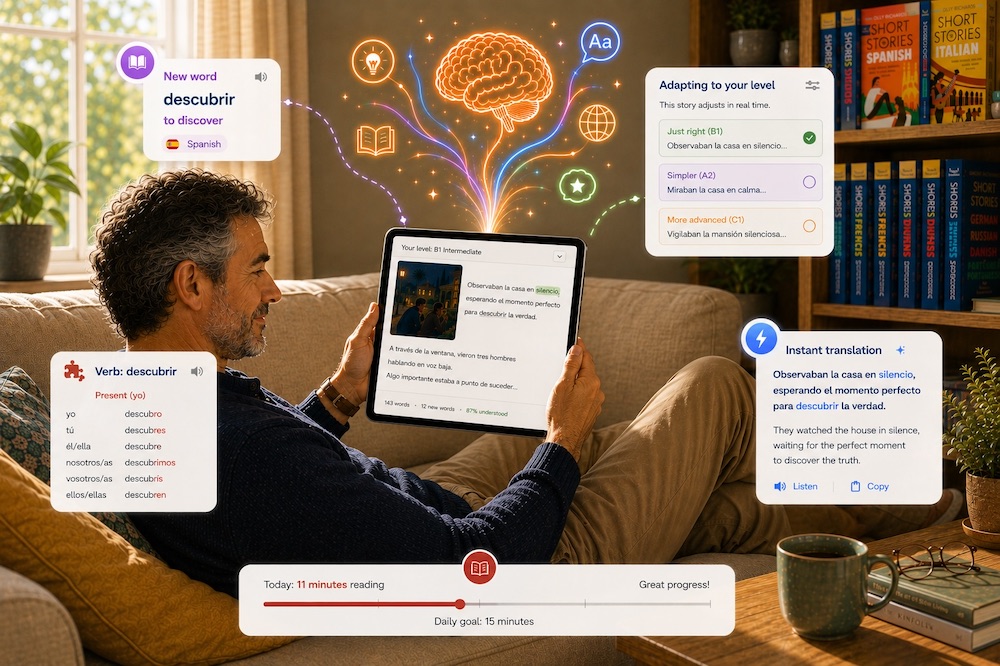 A reader relaxing on a sofa with the StoryLearning app on a tablet, surrounded by feature moments: a new word saved, the story adapting to their level in real time, a verb conjugation, an instant translation, and today's reading progress toward a daily goal.