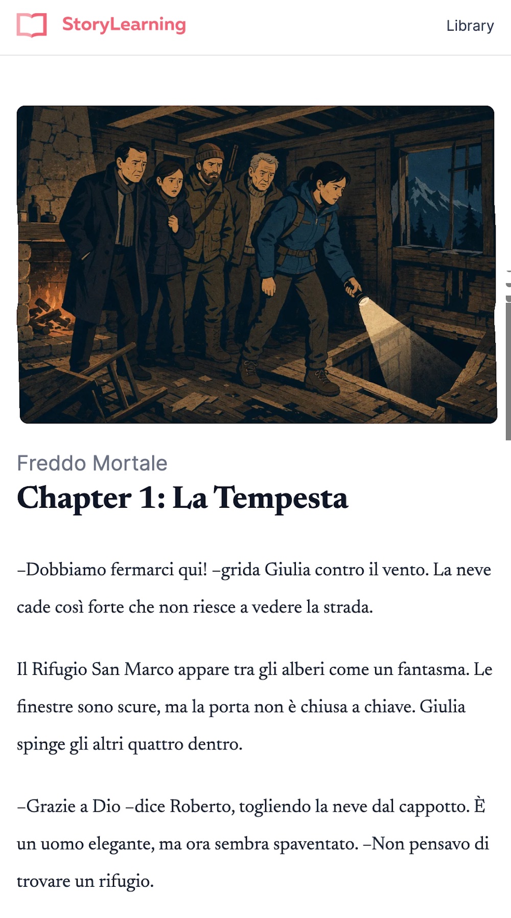 The StoryLearning app open on a phone, showing an illustrated Italian story, Freddo Mortale, Chapter 1, ready to read.