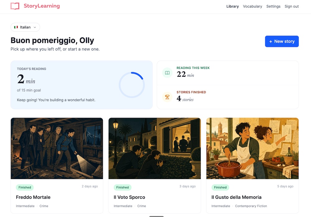 The StoryLearning app library: a greeting in Italian, today's reading progress toward a 15-minute goal, stats for the week, and a row of generated stories ready to read.