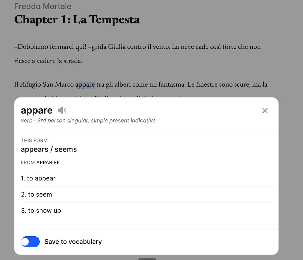 A word lookup in the StoryLearning app: tapping the word 'appare' brings up its meaning, the verb it comes from, and a toggle to save it to your vocabulary.