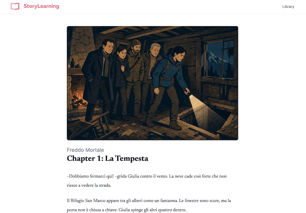 A story open in the StoryLearning app, beginning with original cover artwork above the first chapter of text.