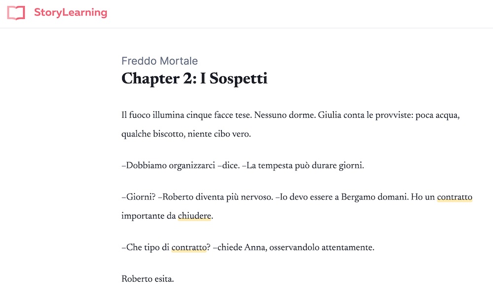 A chapter of an Italian story with saved words highlighted in the text, showing how words you've saved reappear in later stories.