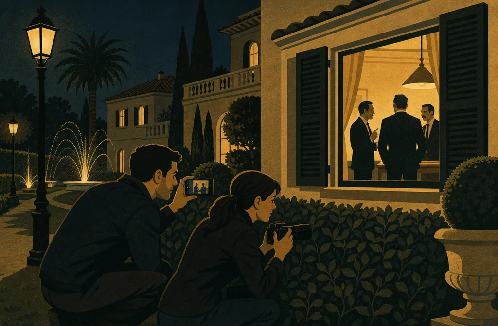 Two people crouched behind a hedge at night, photographing a secret meeting through a lit villa window.