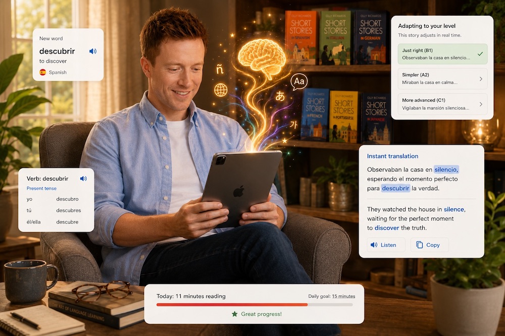 Olly Richards relaxing on a sofa reading with the StoryLearning app on an iPad, surrounded by feature moments: a new word saved, the story adapting to their level in real time, a verb conjugation, an instant translation, and today's reading progress toward a daily goal.